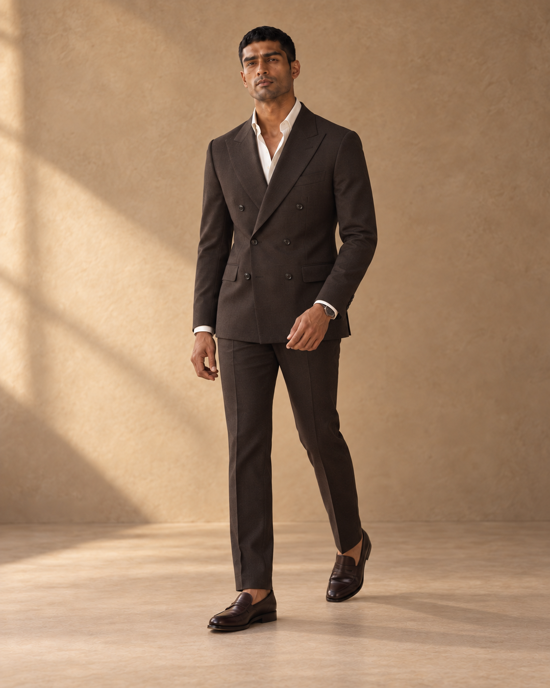 The Regent dark-chocolate double-breasted fine-wool suit shown in movement