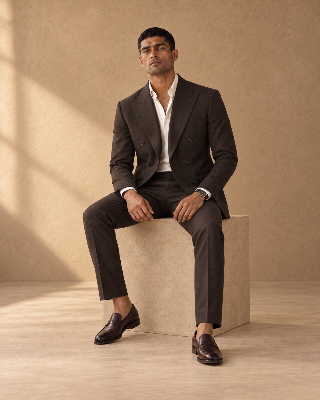 The Regent dark-chocolate double-breasted fine-wool suit, seated fit view