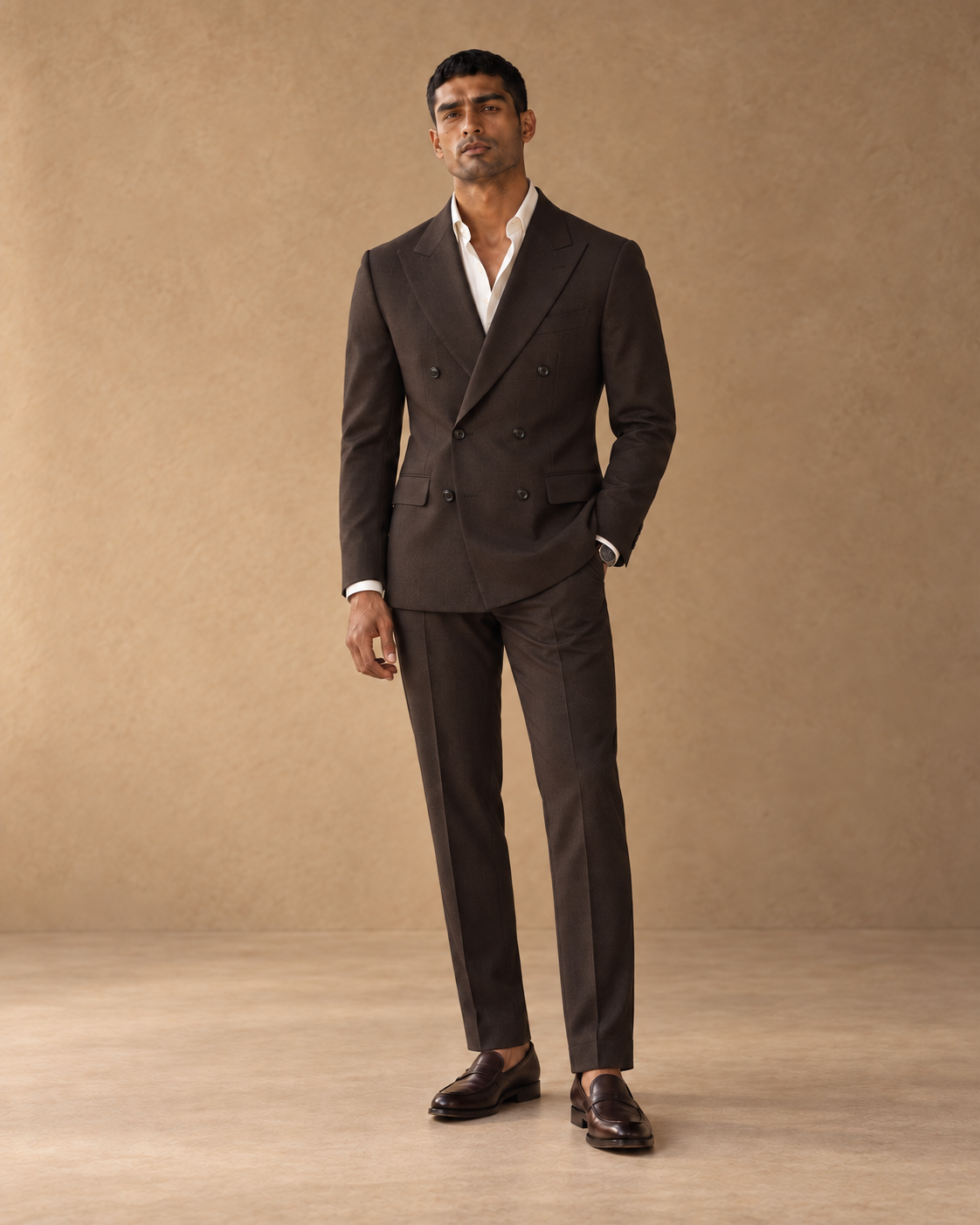 The Regent dark-chocolate double-breasted fine-wool suit, closed three-quarter view