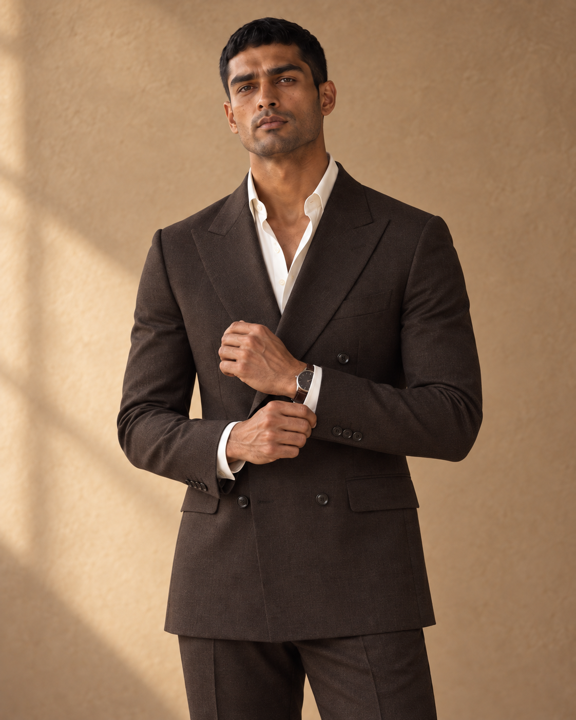 The Regent dark-chocolate fine-wool suit, sleeve cuff and watch detail