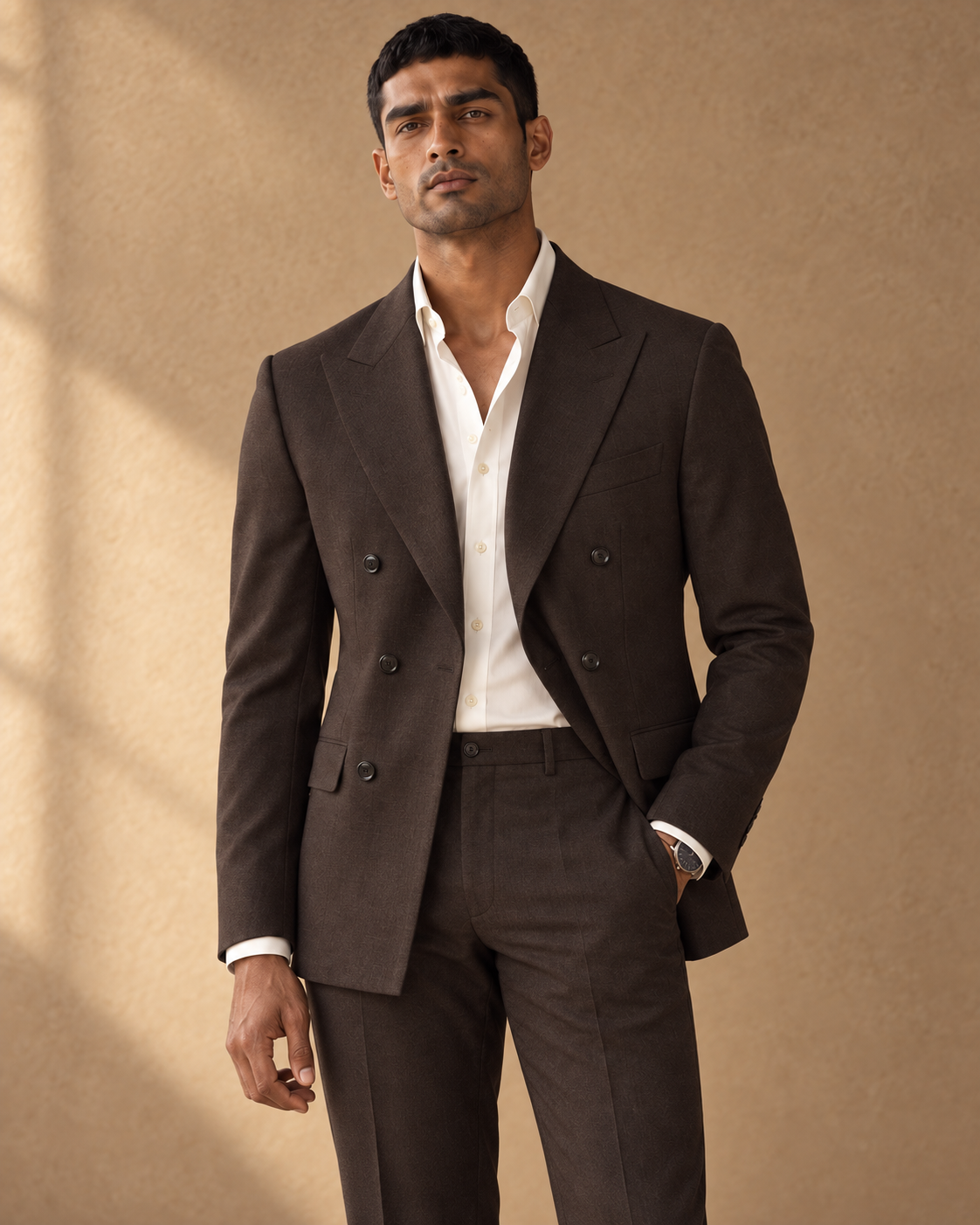 The Regent dark-chocolate fine-wool suit, flat-front trouser waistband detail
