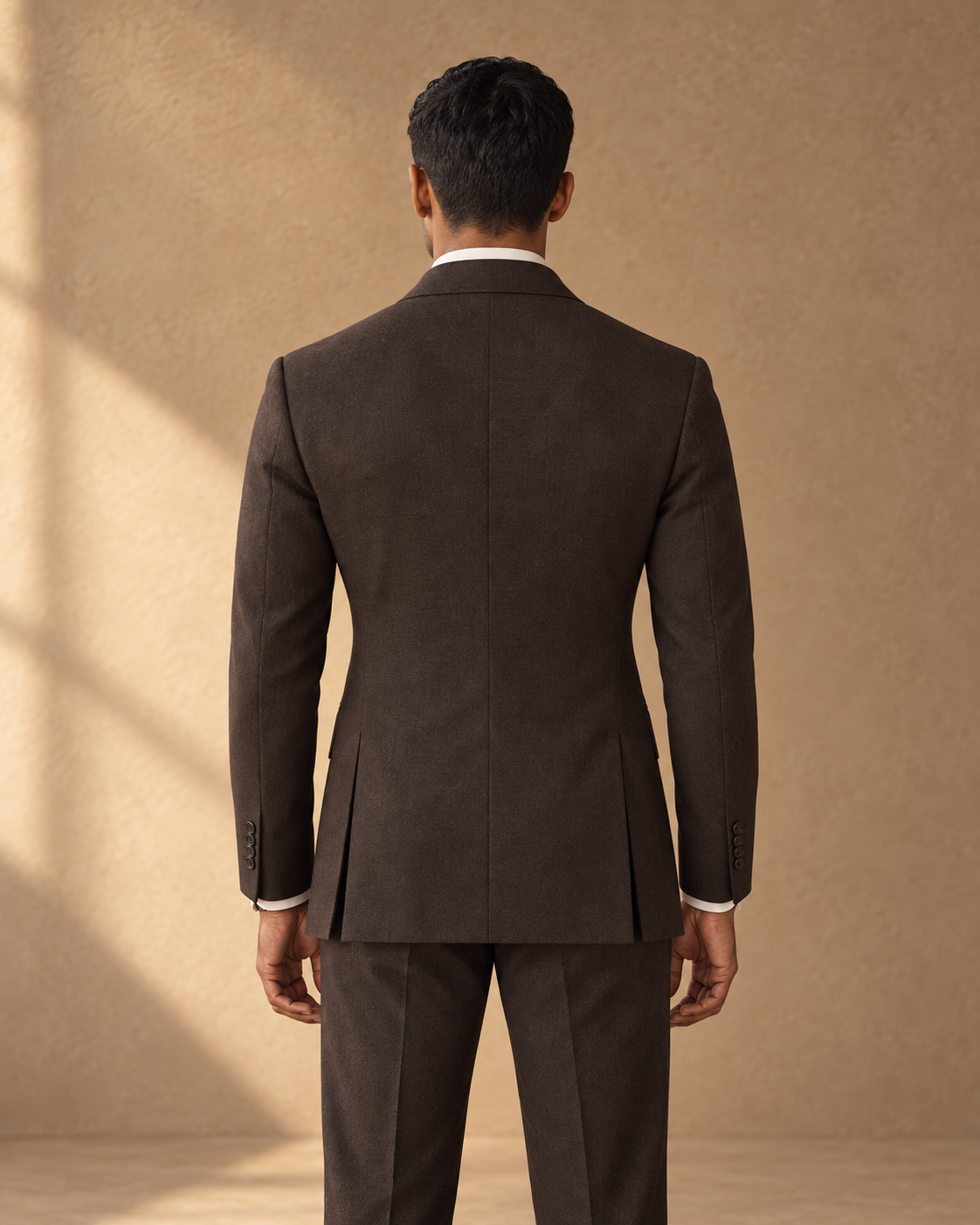 The Regent dark-chocolate fine-wool suit, rear jacket construction detail