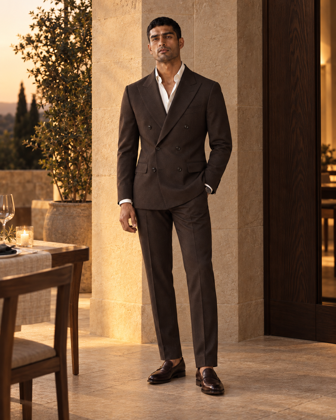 The Regent dark-chocolate fine-wool suit styled for an evening reception