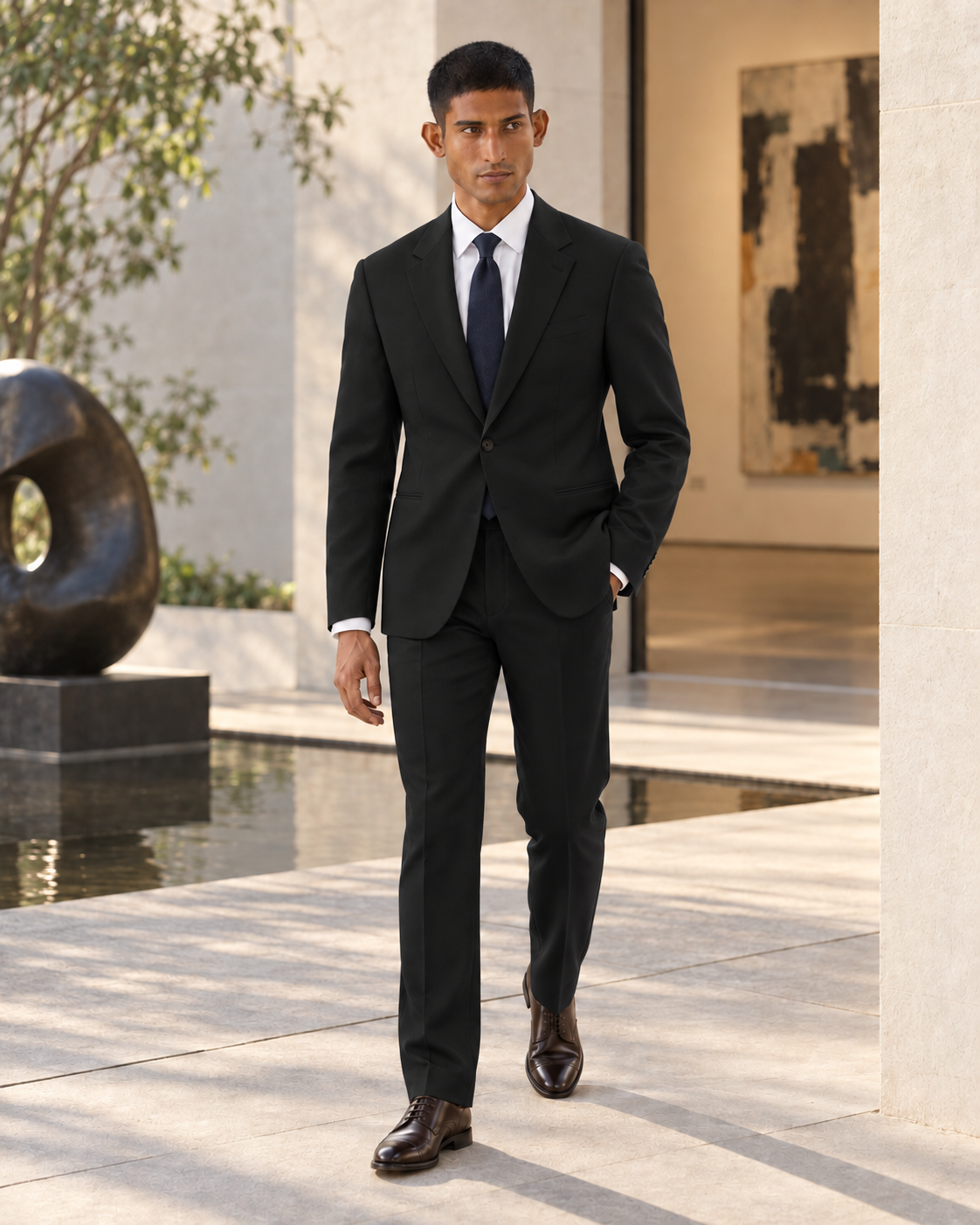 SALVE The Lutyens two-piece suit in black, worn at a contemporary gallery
