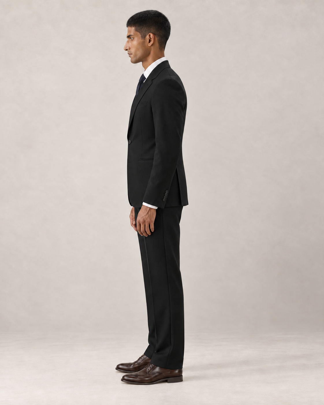 SALVE The Lutyens two-piece suit in black, side profile