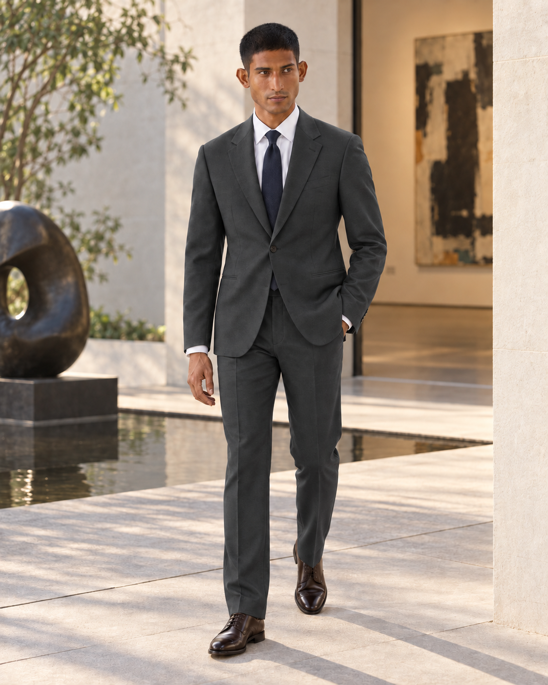 SALVE The Lutyens two-piece suit in charcoal-grey, worn at a contemporary gallery