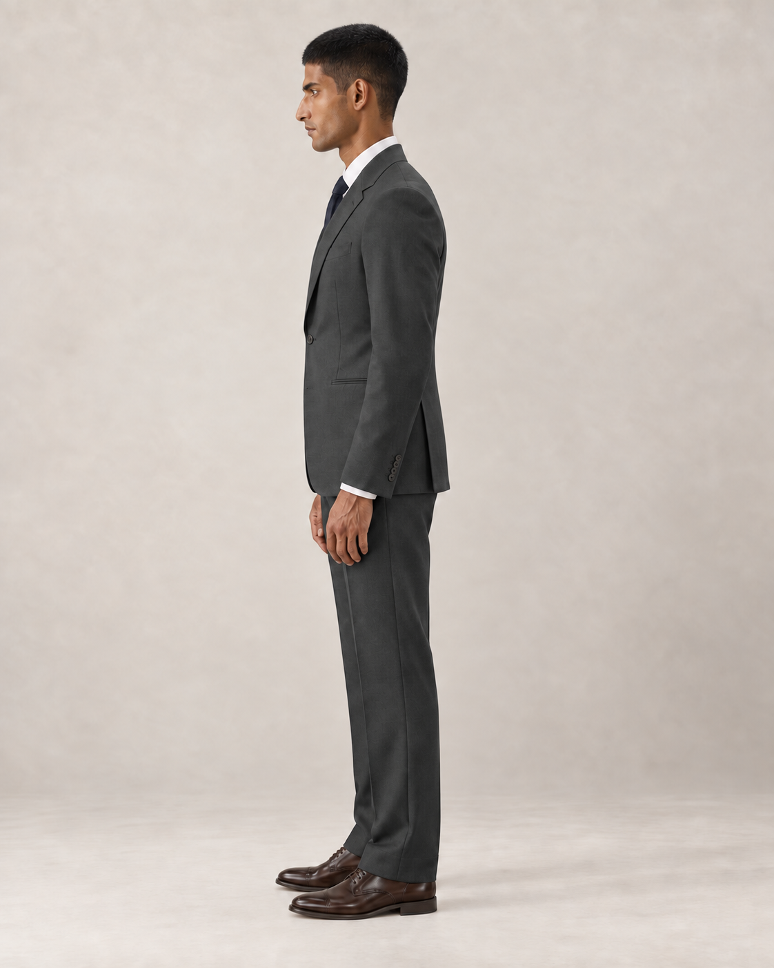 SALVE The Lutyens two-piece suit in charcoal-grey, side profile