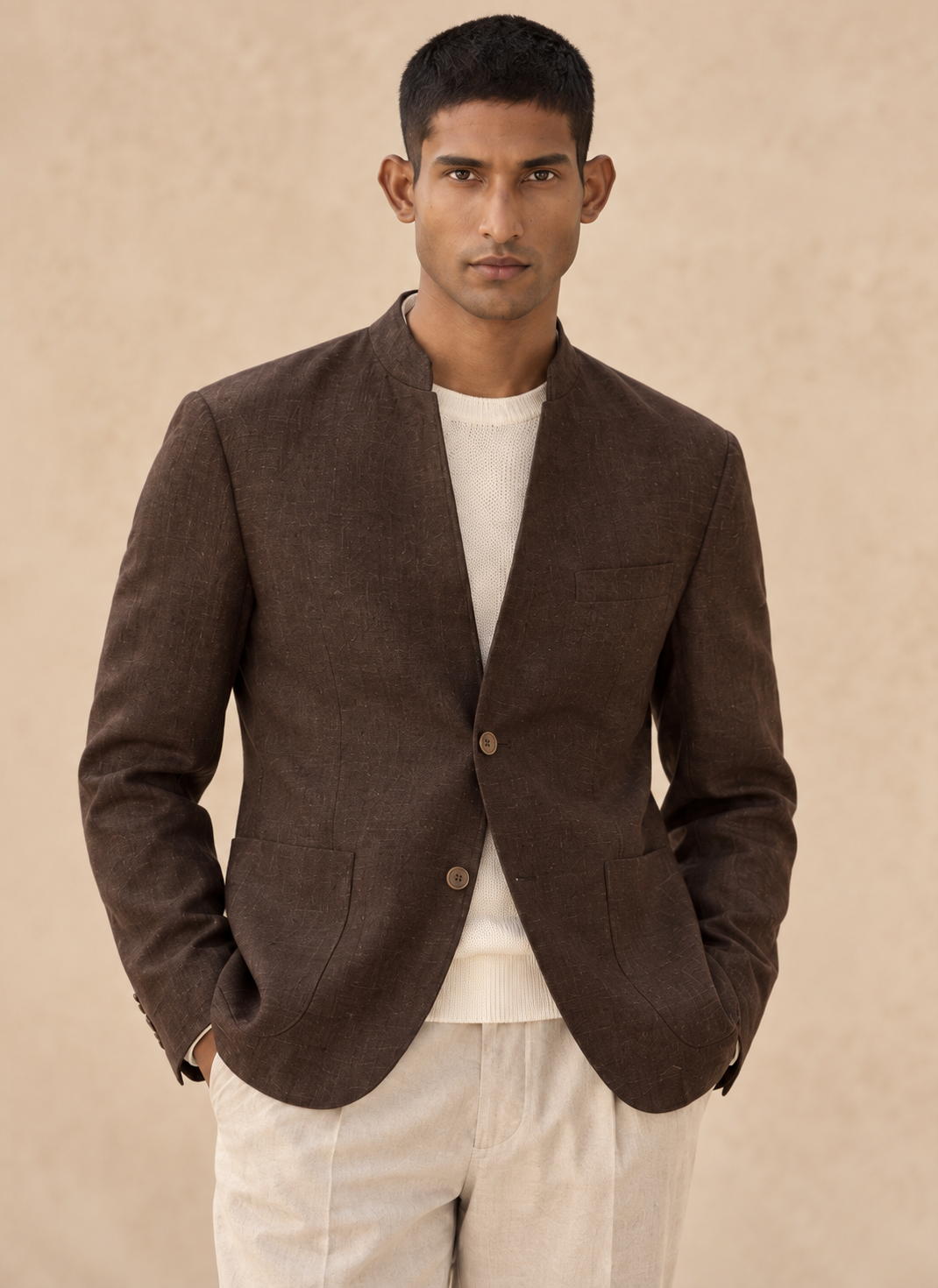 SALVE The Viraj linen sports jacket in chocolate-brown, standing collar and open front detail