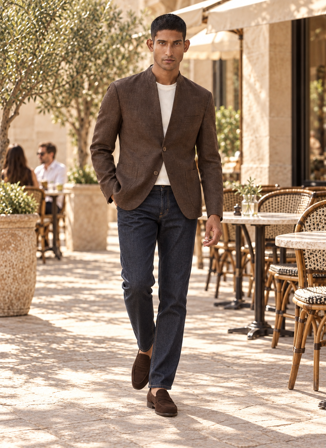 SALVE The Viraj linen sports jacket in chocolate-brown, worn with jeans
