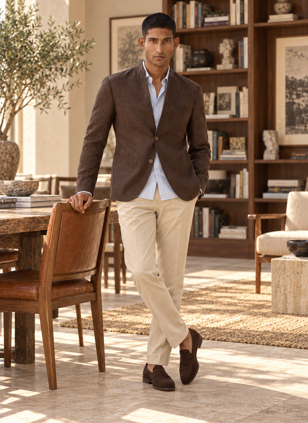 SALVE The Viraj linen sports jacket in chocolate-brown, worn with khakis