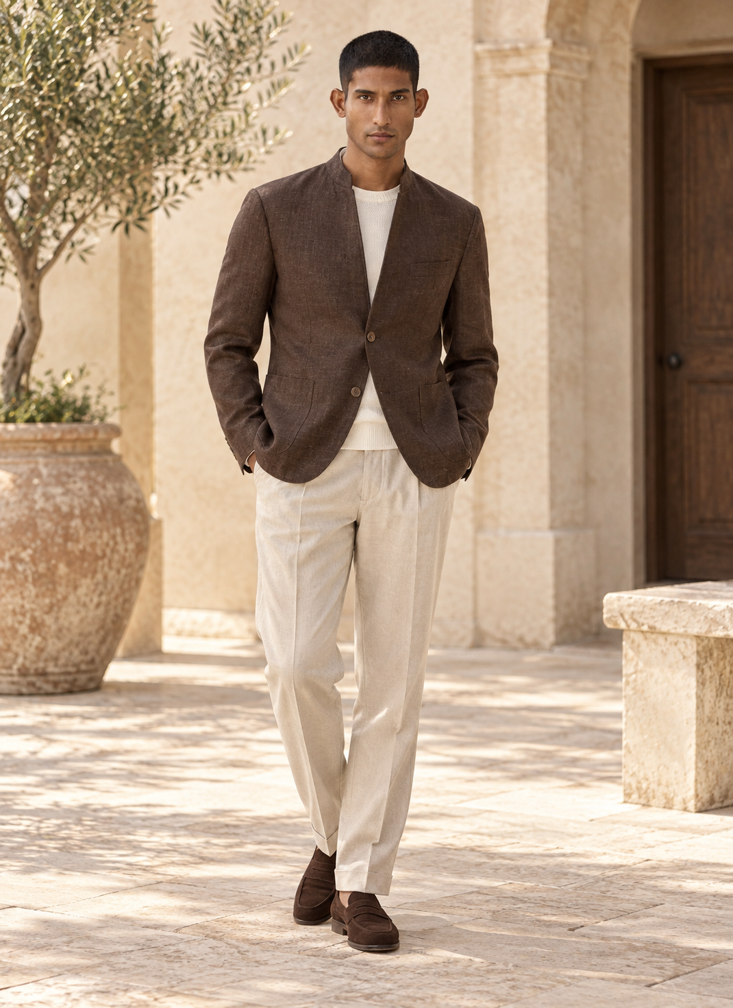 SALVE The Viraj linen sports jacket in chocolate-brown, with tailored trousers
