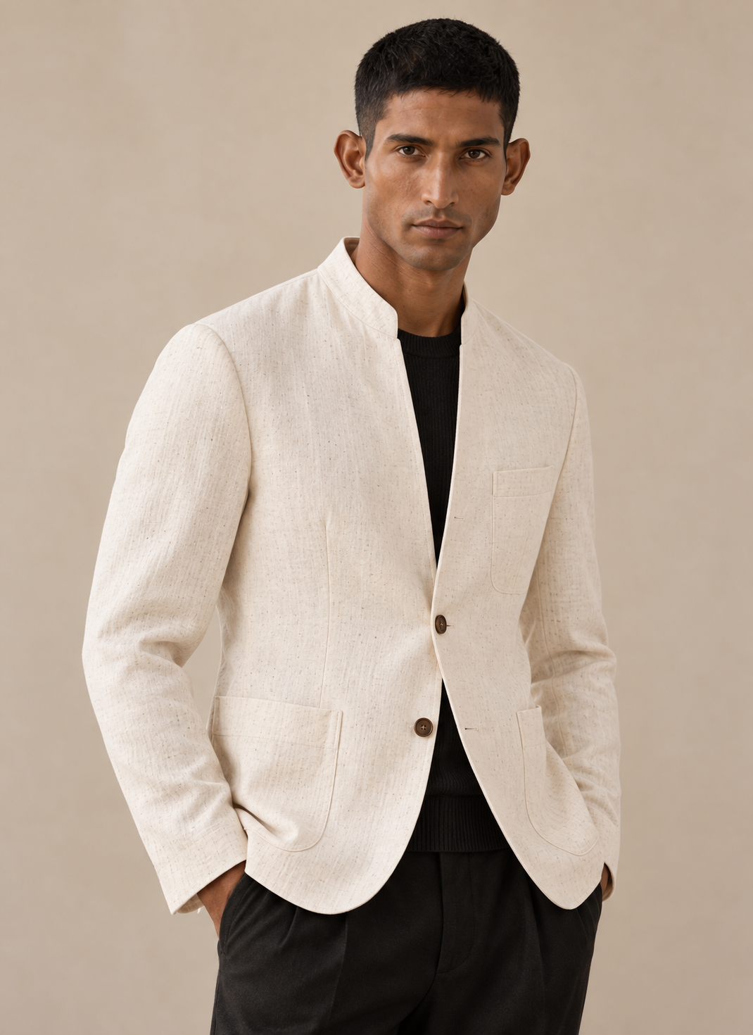 SALVE The Viraj linen sports jacket in natural-off-white, standing collar and open front detail