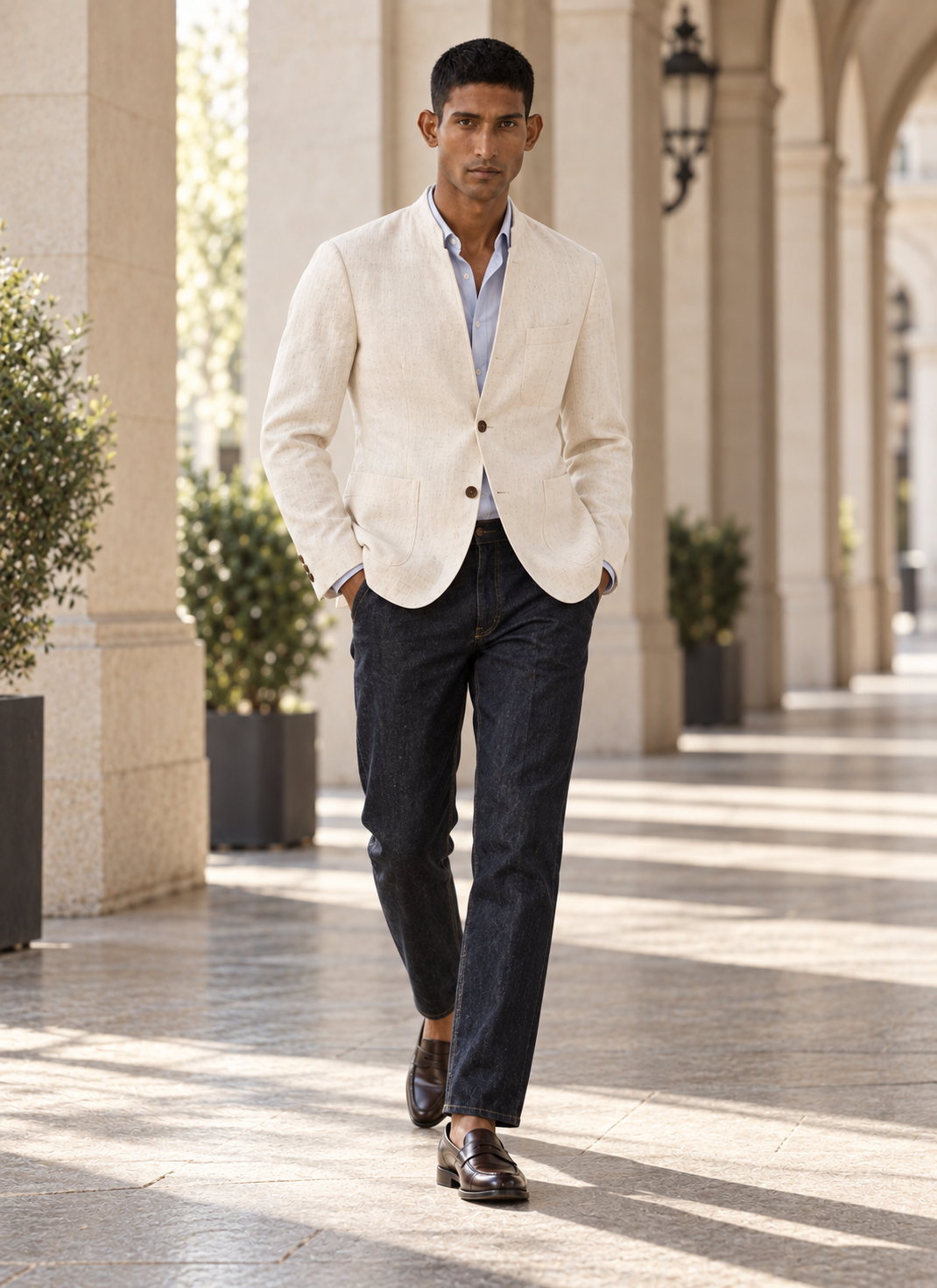 SALVE The Viraj linen sports jacket in natural-off-white, worn with jeans