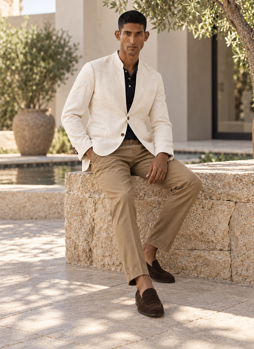 SALVE The Viraj linen sports jacket in natural-off-white, worn with khakis