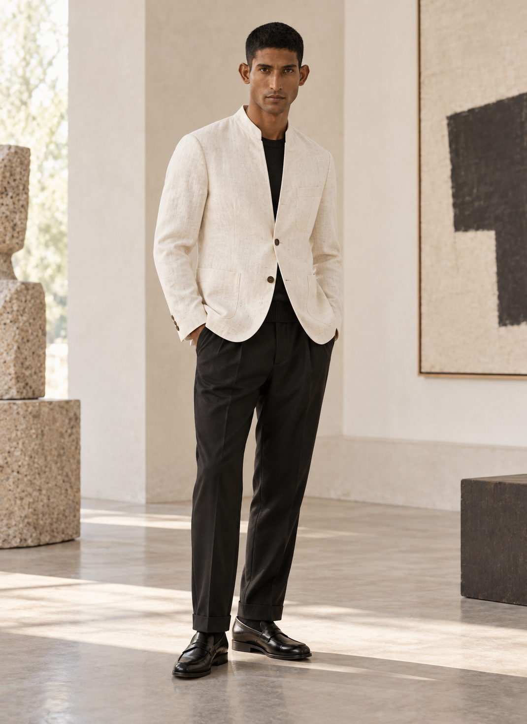 SALVE The Viraj linen sports jacket in natural-off-white, with tailored trousers