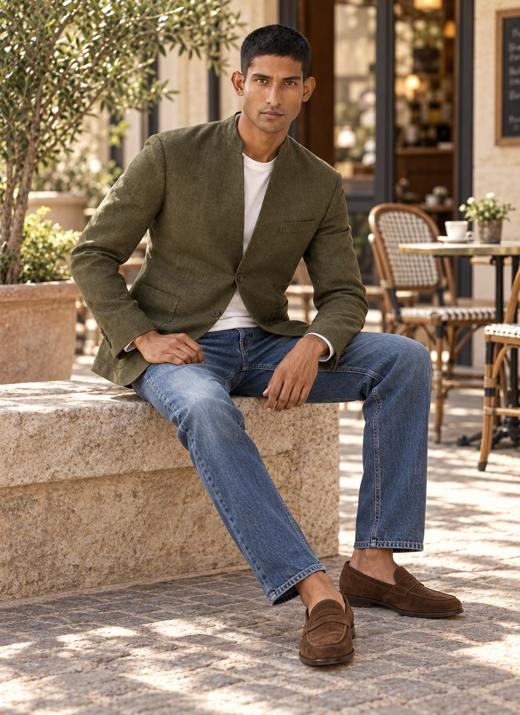 SALVE The Viraj linen sports jacket in olive-green, worn with jeans