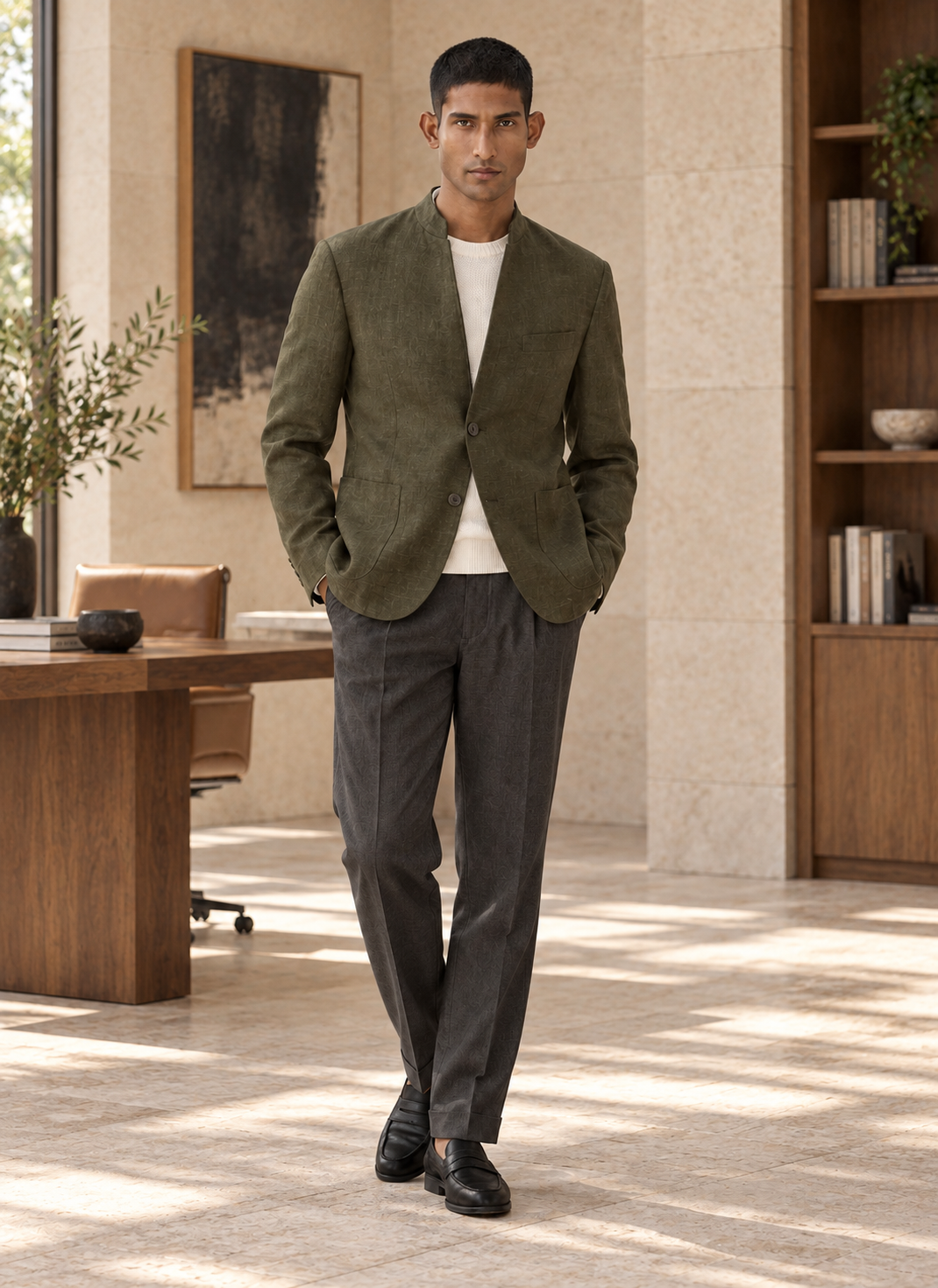 SALVE The Viraj linen sports jacket in olive-green, with tailored trousers